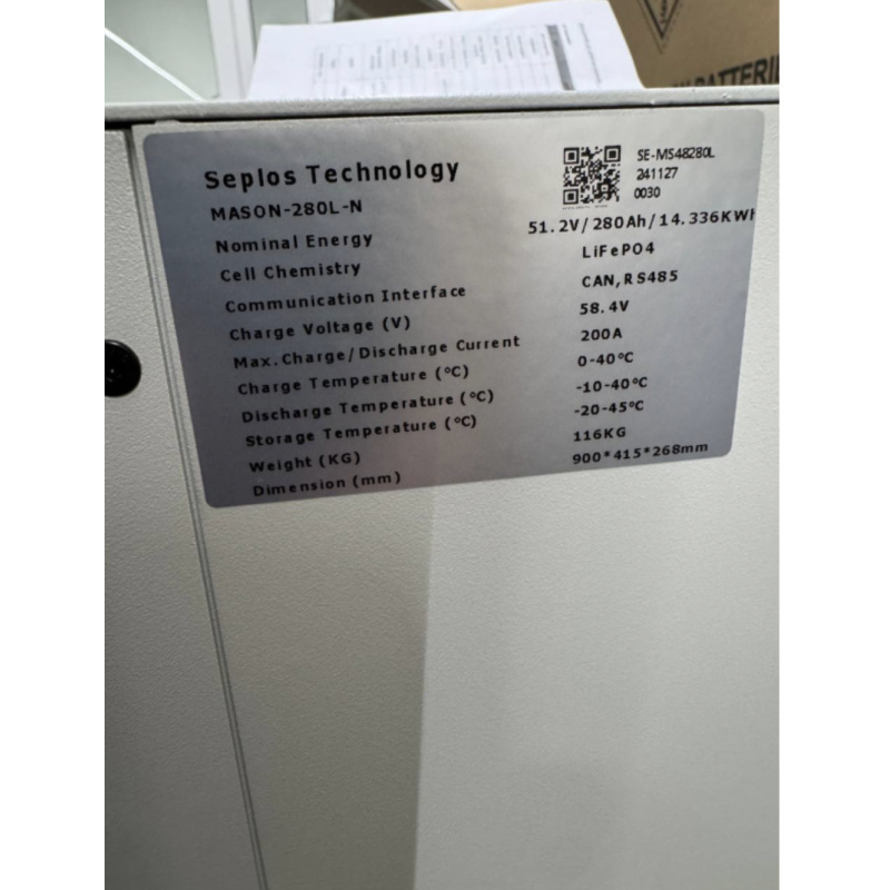 Акумулятор SEPLOS MASON 280L-N 51.2V 280AH 14.33KWH LiFePO4 (літій-залізо-фосфатний акумулятор)
